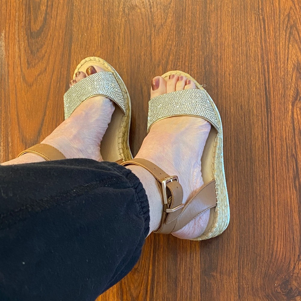 Alex Marie Rhinestone Espadrille Wedge Sandals Tan Ankle Strap Size 6.5M - Picture 4 of 15
